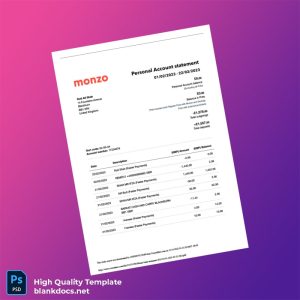 UK Monzo Bank Statement Template in Word and PDF formats