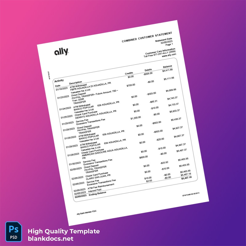 USA Ally Bank Statement Template in Word and PDF formats page 3