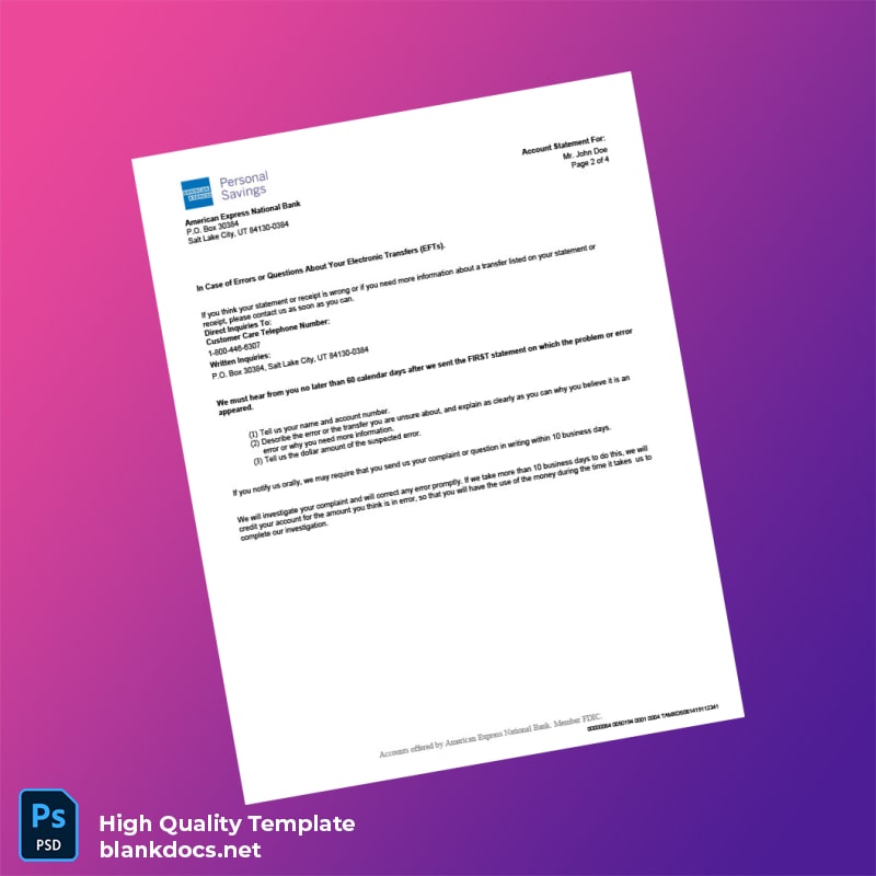 USA American Express Bank Statement Template in Word and PDF formats page 2