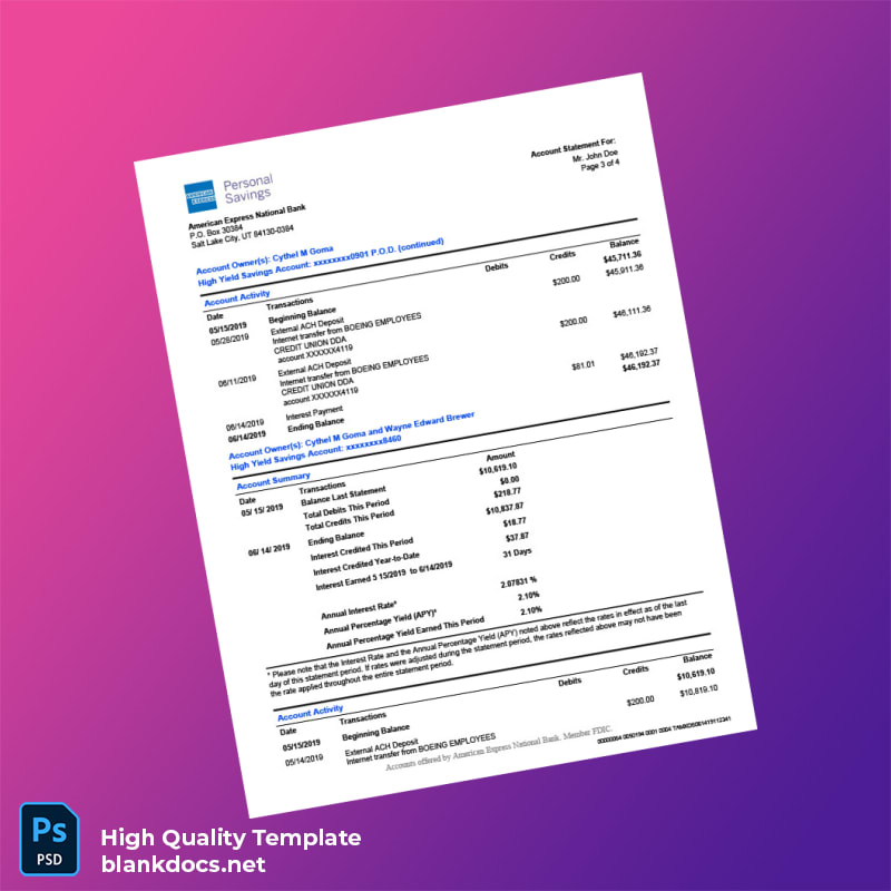 USA American Express Bank Statement Template in Word and PDF formats page 3