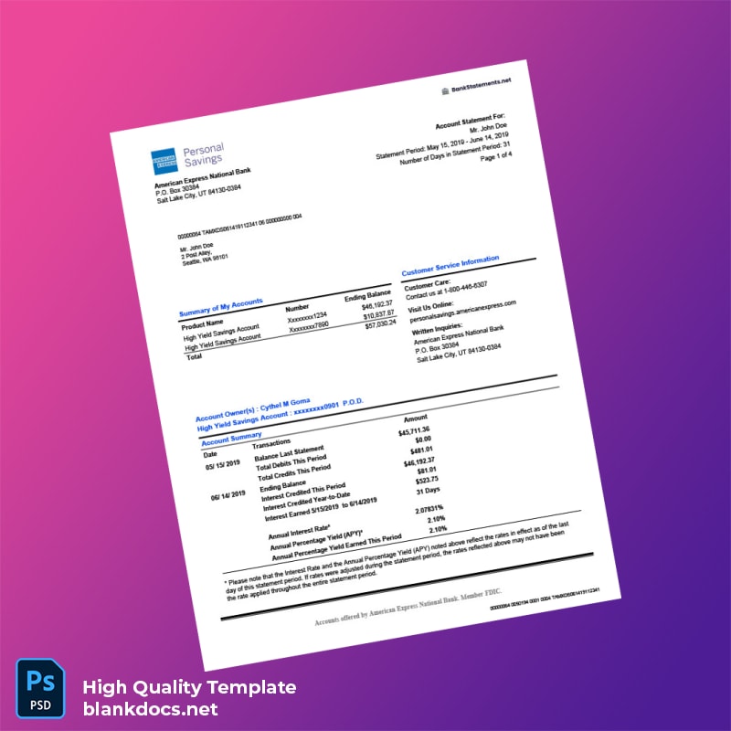 USA American Express Bank Statement Template in Word and PDF formats