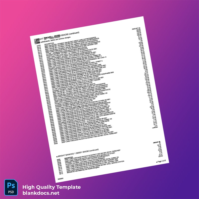 USA BB T Bank Statement Template in Word and PDF formats page 2