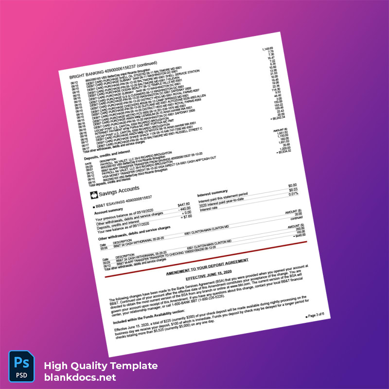 USA BB T Bank Statement Template in Word and PDF formats page 3