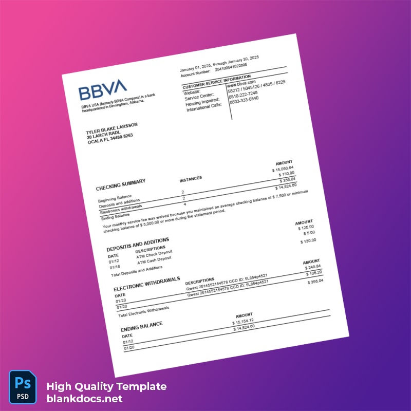 USA BBAV Bank Statement Template in Word and PDF formats