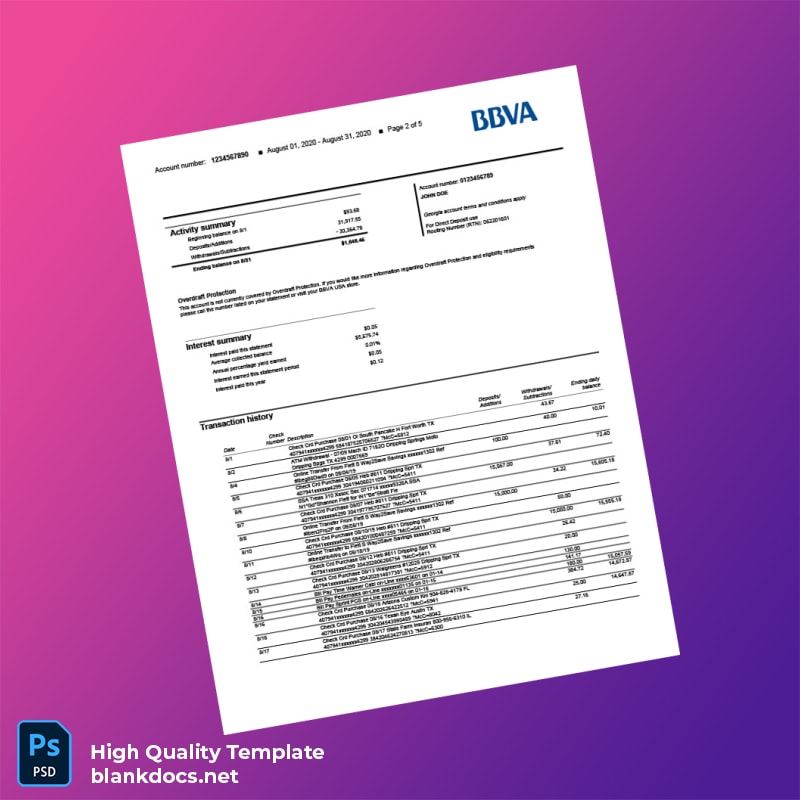 USA BBVA Bank Statement Template in Word and PDF formats page 2