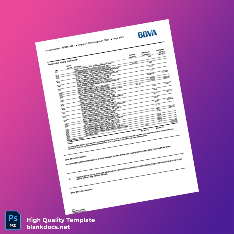 USA BBVA Bank Statement Template in Word and PDF formats page 3