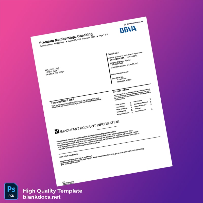 USA BBVA Bank Statement Template in Word and PDF formats