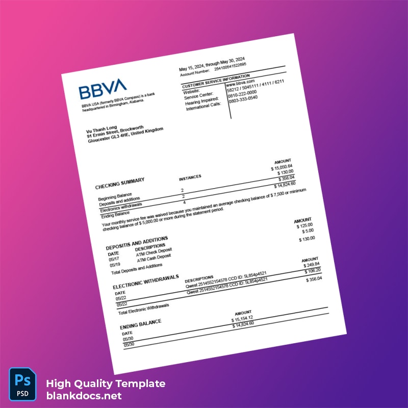 USA BBVA Checking Account Statement Template in Word and PDF formats