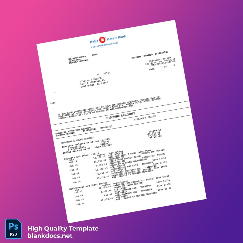 USA BMO Bank Statement Template in Word and PDF formats