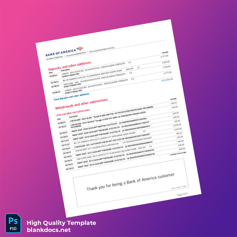 USA Bank of America Account Statement Template in Word and PDF formats page 3
