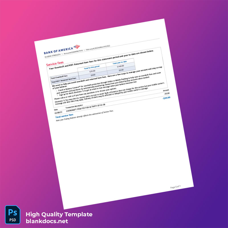 USA Bank of America Account Statement Template in Word and PDF formats page 5