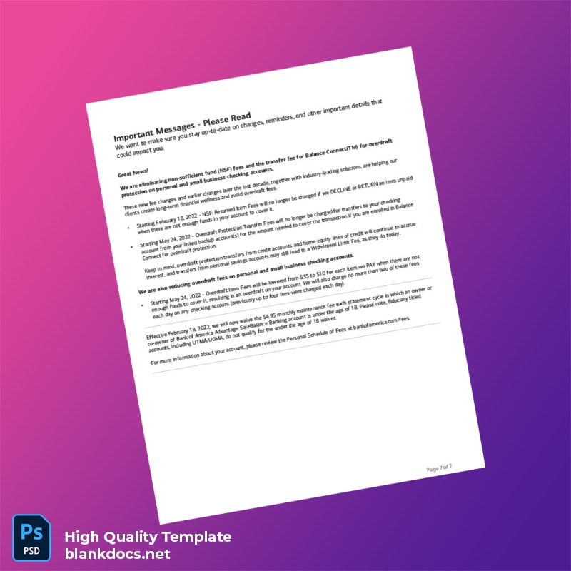 USA Bank of America Account Statement Template in Word and PDF formats page 7