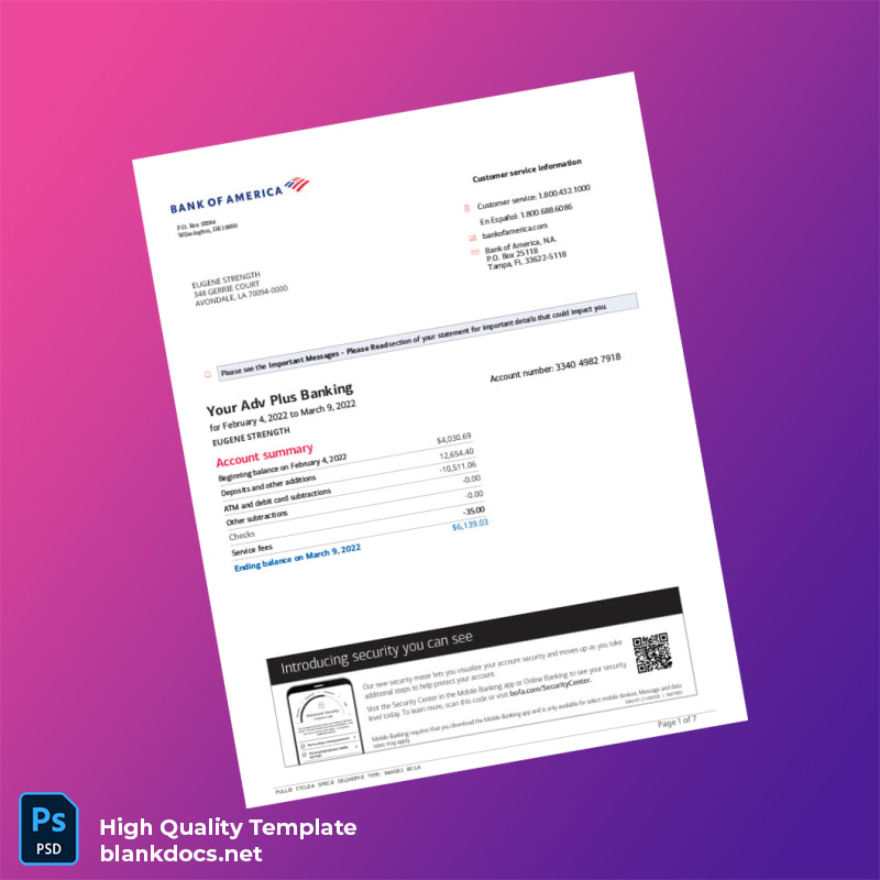USA Bank of America Account Statement Template in Word and PDF formats