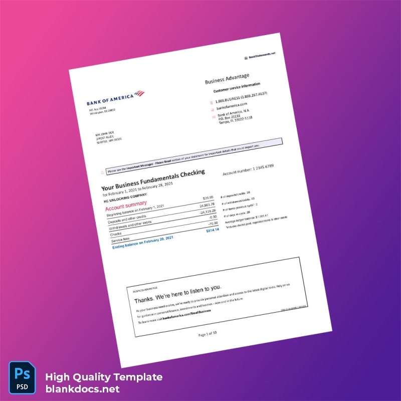 USA Bank of America Fake Bank Statement Template in Word and PDF formats