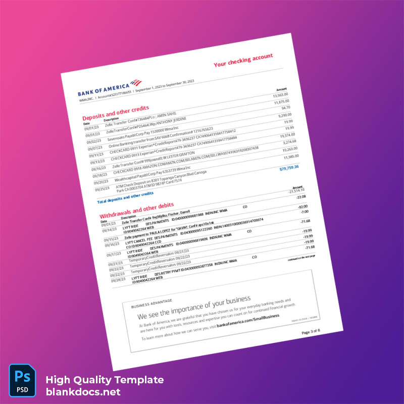 USA Bank of America Statement Template in Word and PDF formats page 3