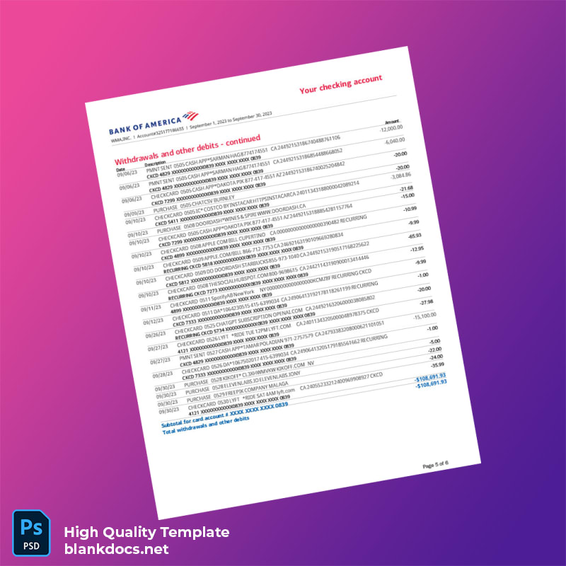 USA Bank of America Statement Template in Word and PDF formats page 5