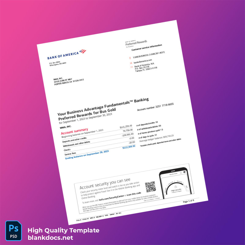 USA Bank of America Statement Template in Word and PDF formats