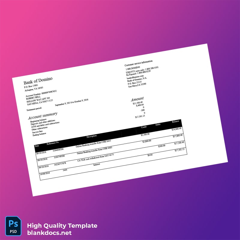 USA Bank of Domino Account Statement Template in Word and PDF formats