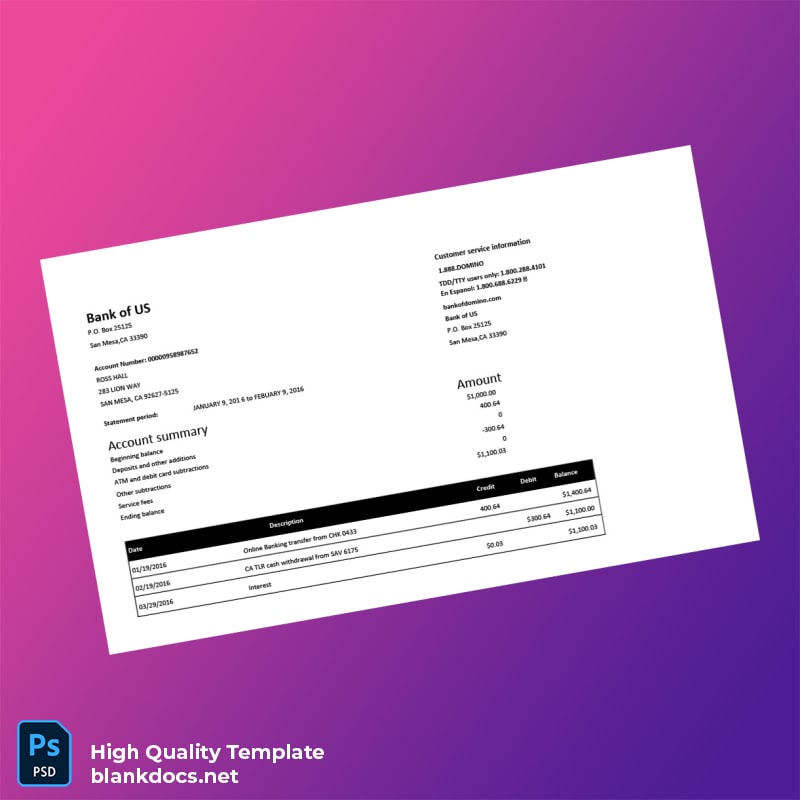 USA Bank of Us Bank Statement Template in Word and PDF formats
