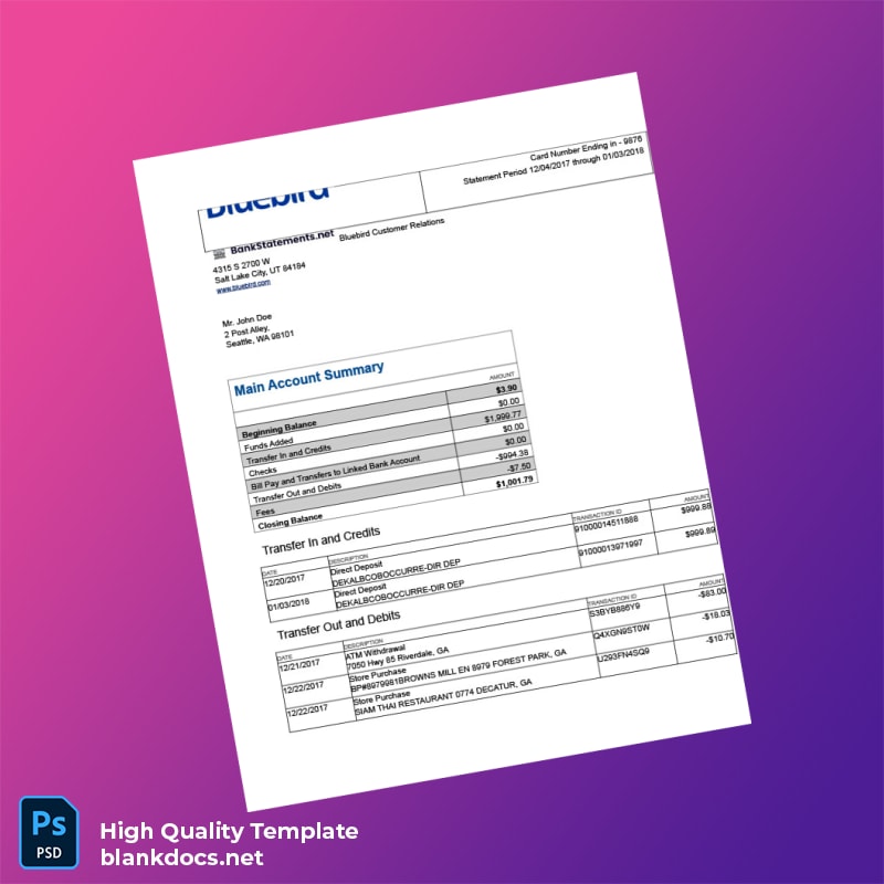 USA Bluebird Bank Statement Template in Word and PDF formats