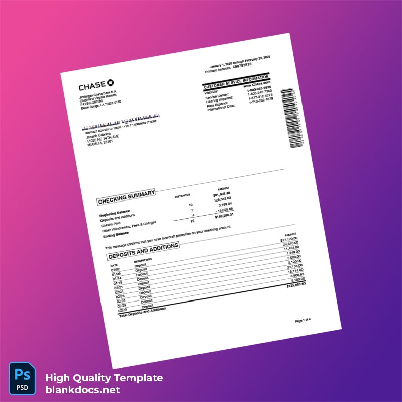 USA Chase Bank Statement Template in Word and PDF formats