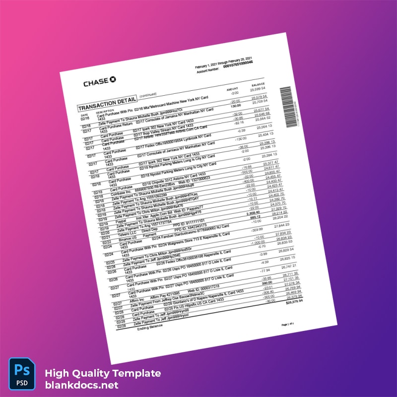 USA Chase College Checking Statement Template in Word and PDF formats page 3