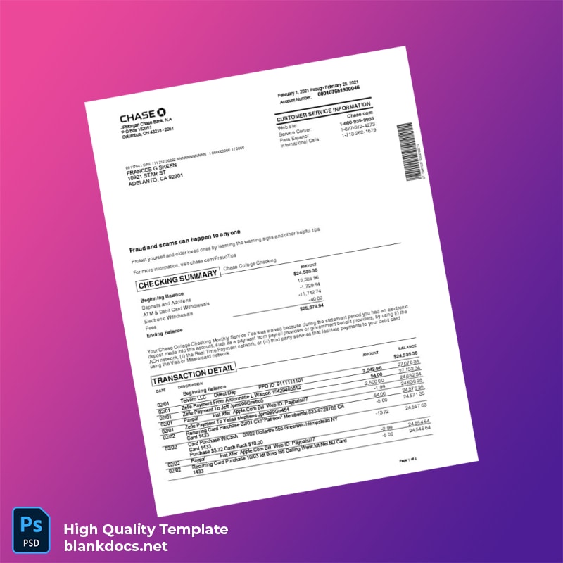 USA Chase College Checking Statement Template in Word and PDF formats