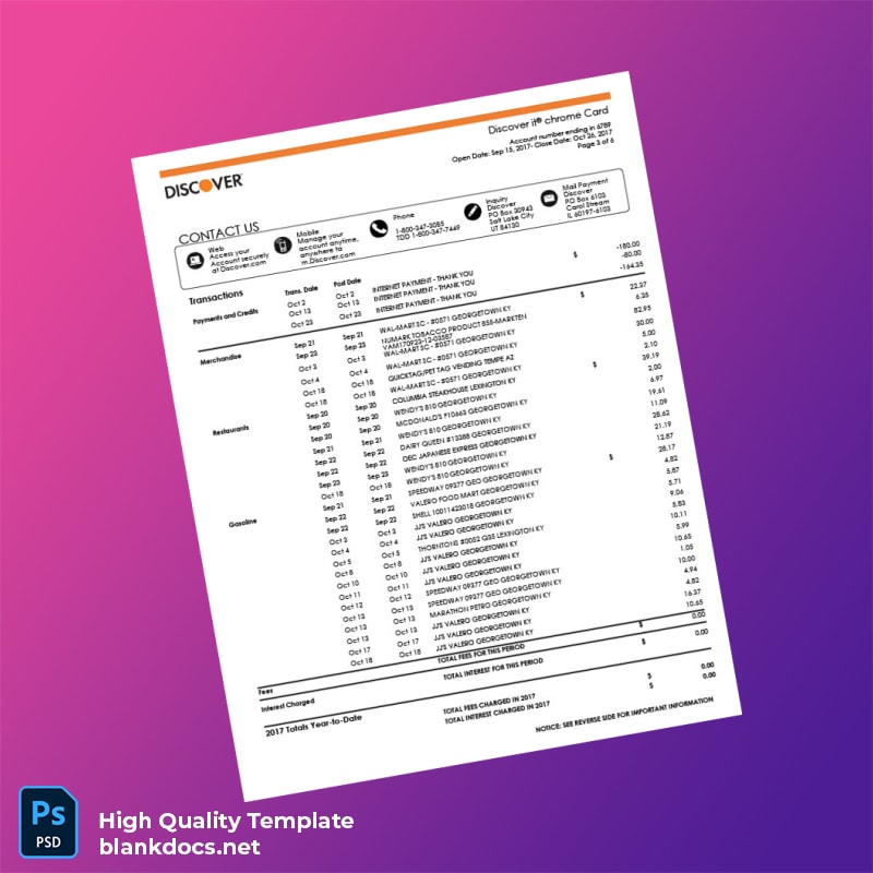 USA Discover Credit Card Statement Template in Word and PDF formats page 4