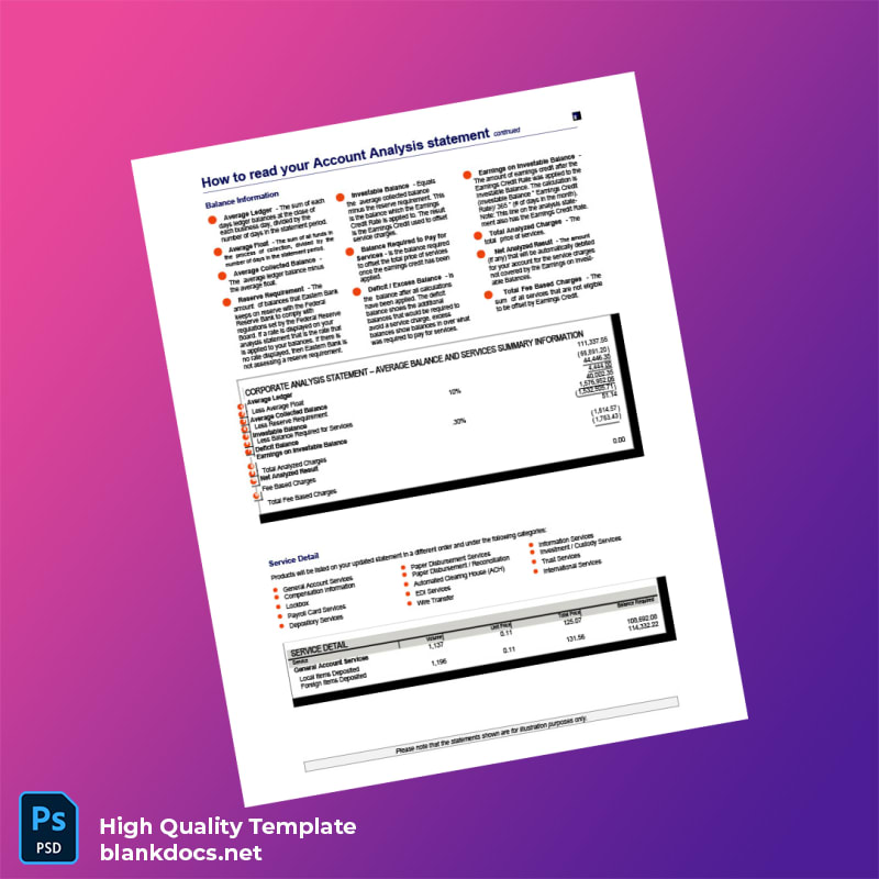 USA Eastern Bank Account Analysis Statement Template in Word and PDF formats page 2
