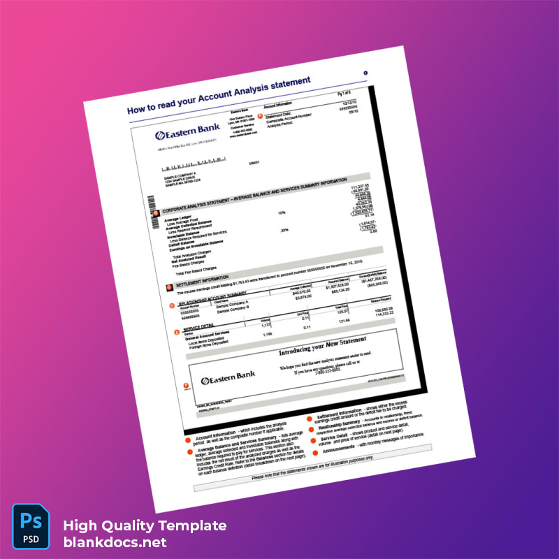 USA Eastern Bank Account Analysis Statement Template in Word and PDF formats