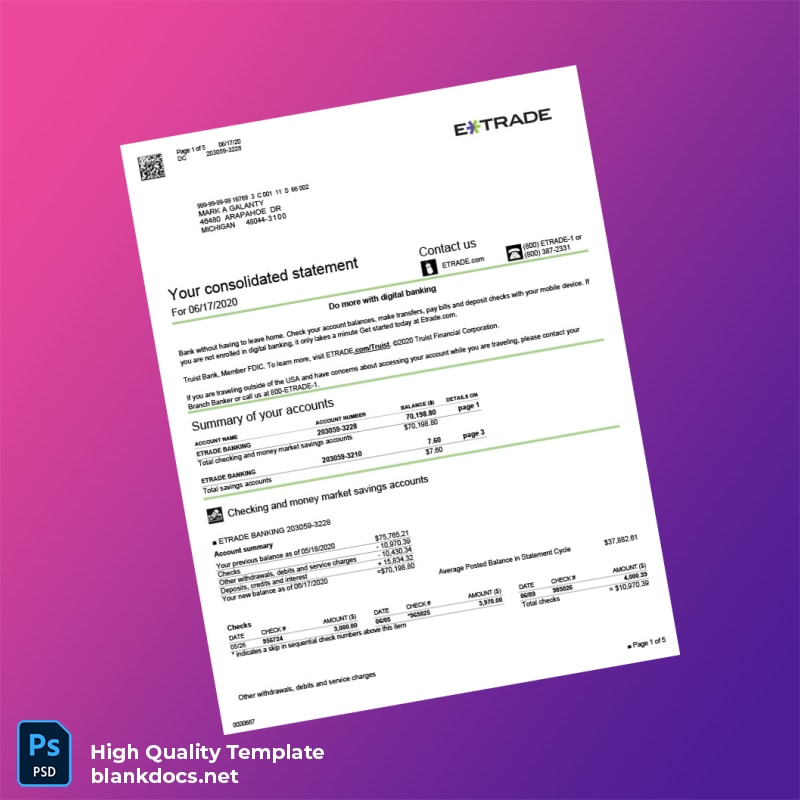 USA Etrade Bank Statement Template in Word and PDF formats