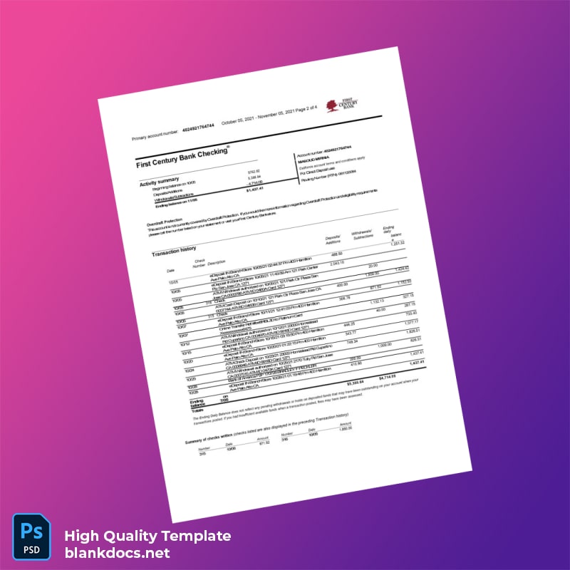 USA First Century Bank Bank Statement Template in Word and PDF formats page 2