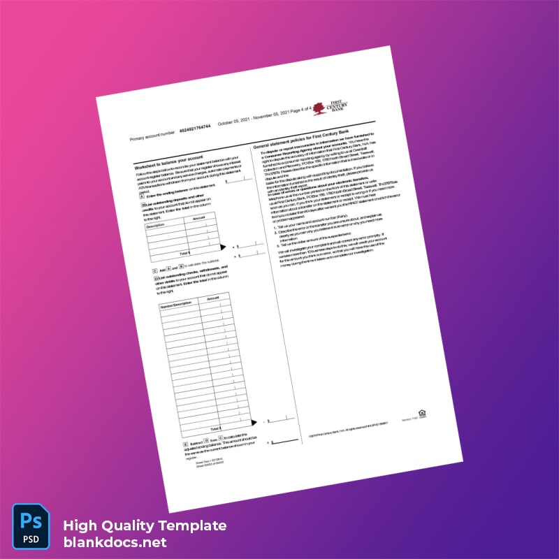 USA First Century Bank Bank Statement Template in Word and PDF formats page 4
