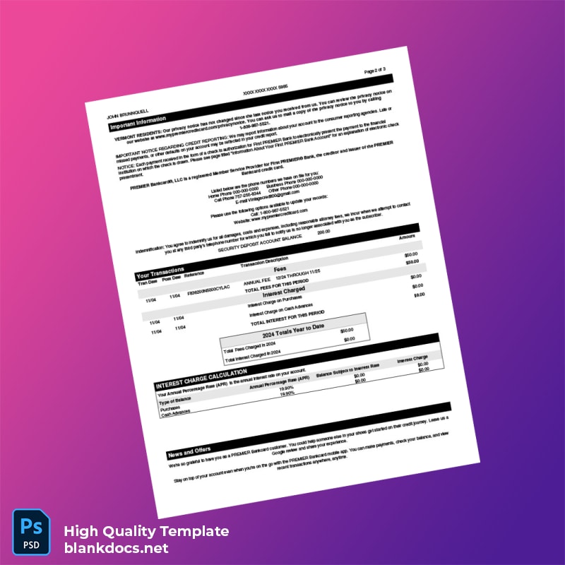 USA First PREMIER Bank Credit Card Statement Template in Word and PDF formats page 2