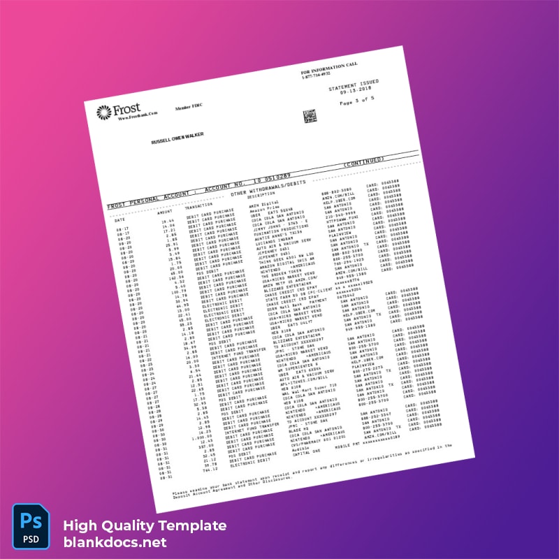 USA Frost Bank Statement Template in Word and PDF formats page 3