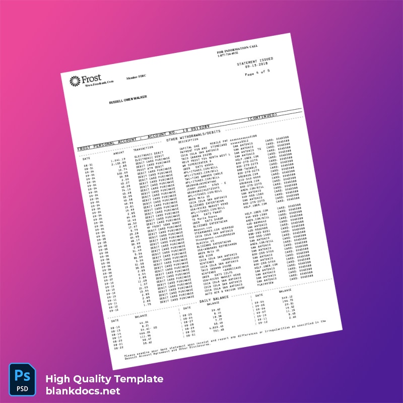 USA Frost Bank Statement Template in Word and PDF formats page 4