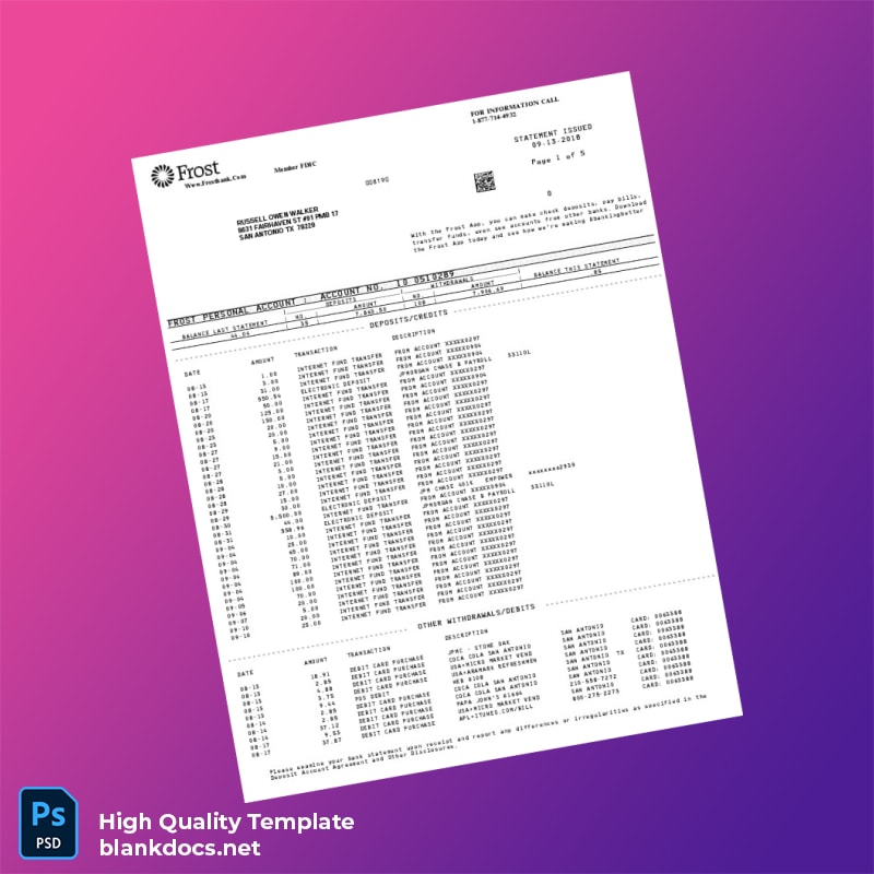 USA Frost Bank Statement Template in Word and PDF formats