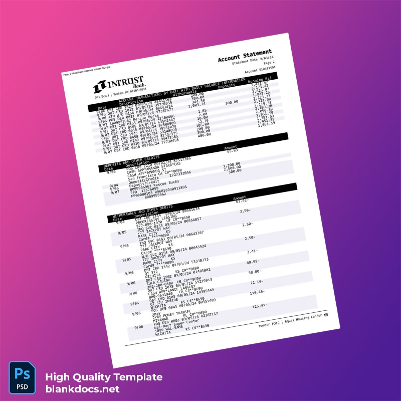 USA INTRUST Bank Statement Template in Word and PDF formats page 2