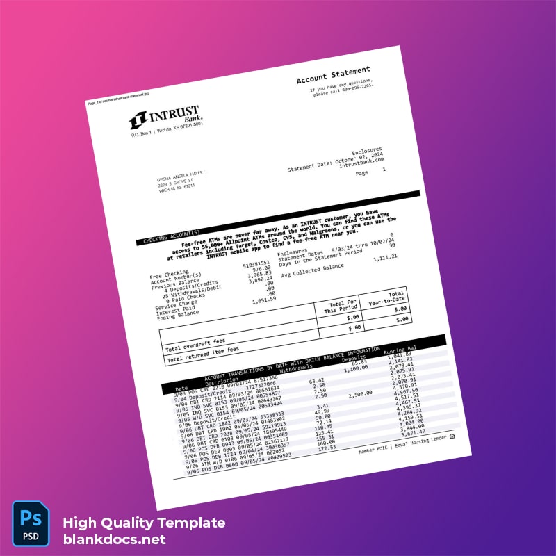 USA INTRUST Bank Statement Template in Word and PDF formats