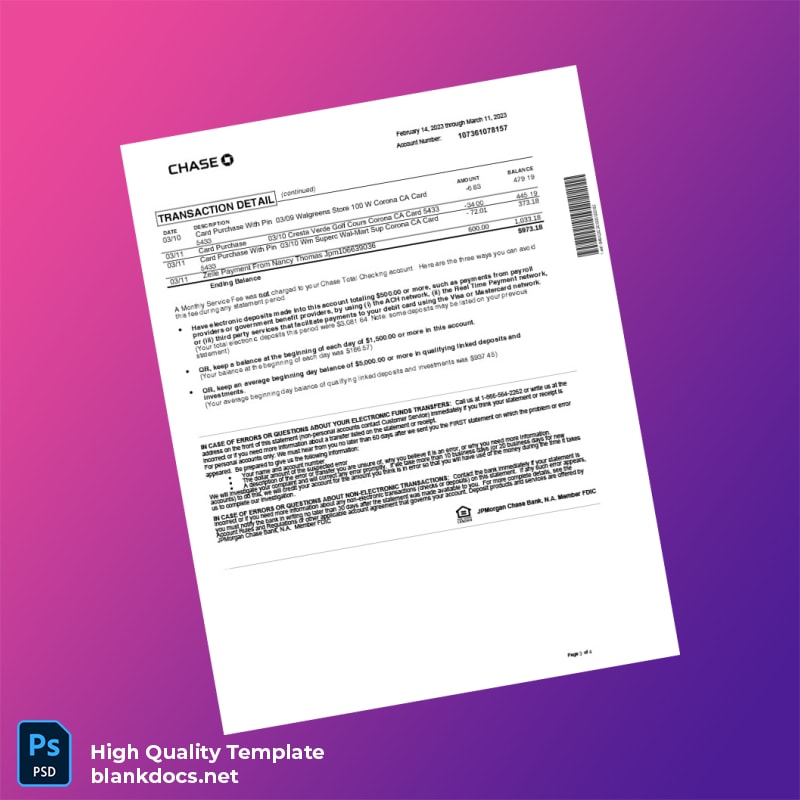 USA JPMorgan Chase Bank Statement Template in Word and PDF formats page 3