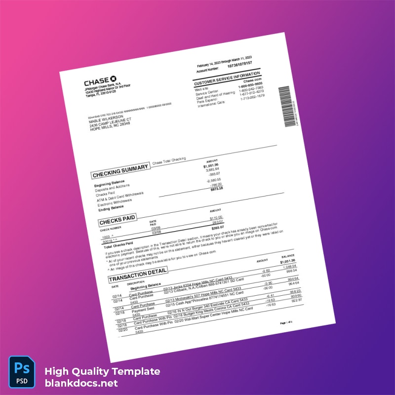 USA JPMorgan Chase Bank Statement Template in Word and PDF formats