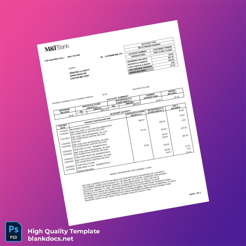USA M T Bank Statement Template in Word and PDF formats
