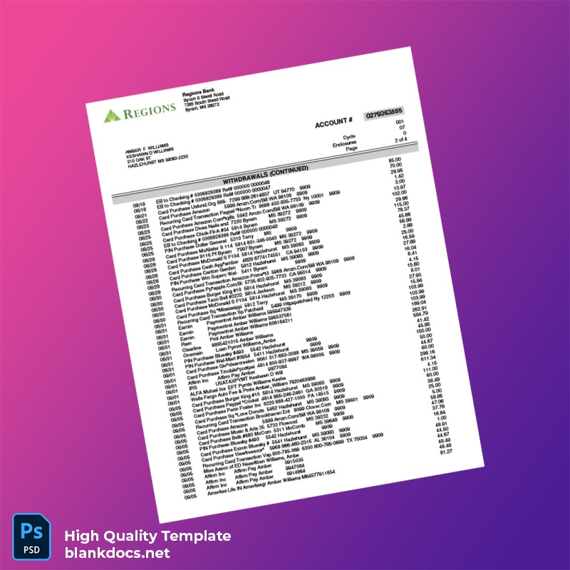USA Regiones Bank Statement Template in Word and PDF formats page 2