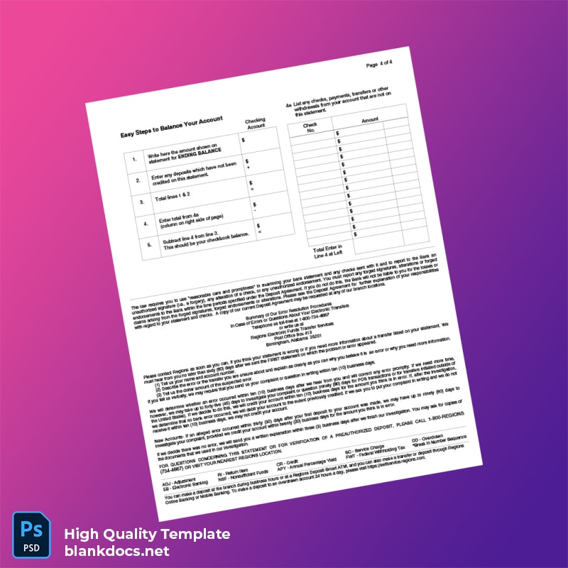 USA Regiones Bank Statement Template in Word and PDF formats page 4