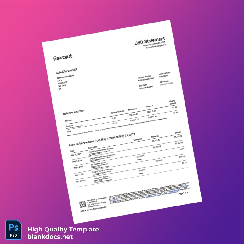 USA Revolut Account Statement Template in Word and PDF formats