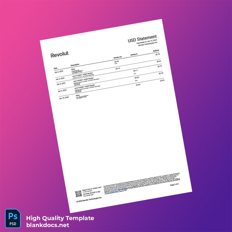USA Revolut Bank Statement Template in Word and PDF formats page 2