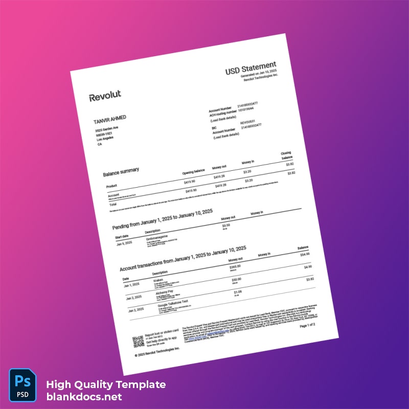 USA Revolut Bank Statement Template in Word and PDF formats
