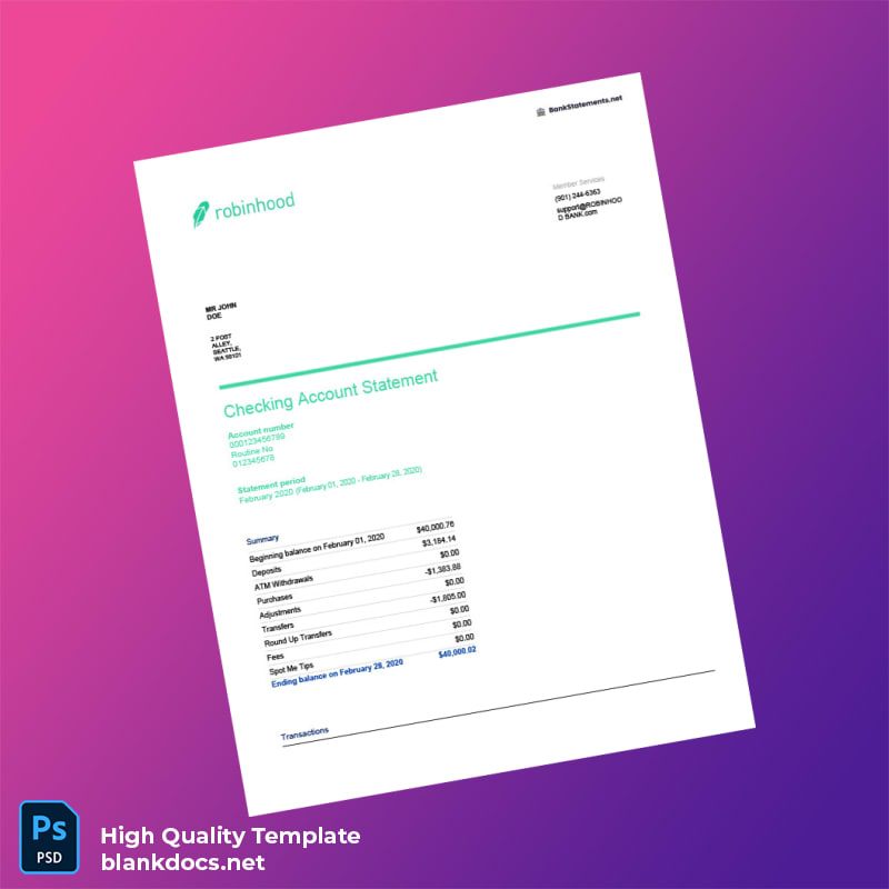 USA Robinhood Checking Account Statement Template in Word and PDF formats