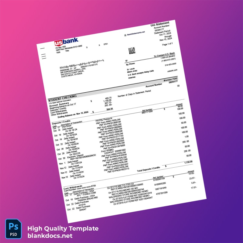 USA U S Bank Account Statement Template in Word and PDF formats