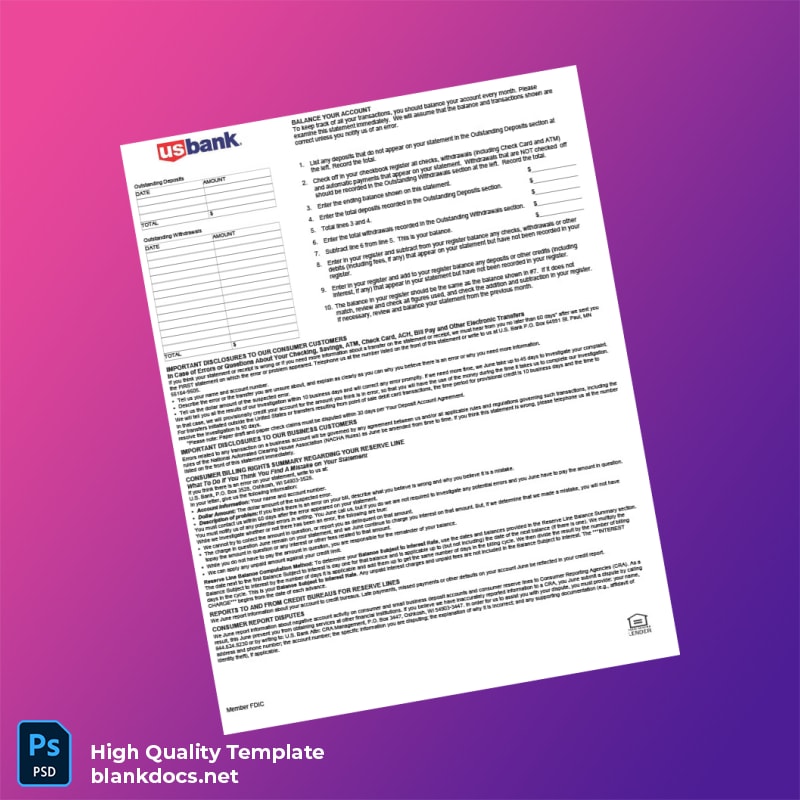 USA US Bank Bank Statement Template in Word and PDF formats page 2